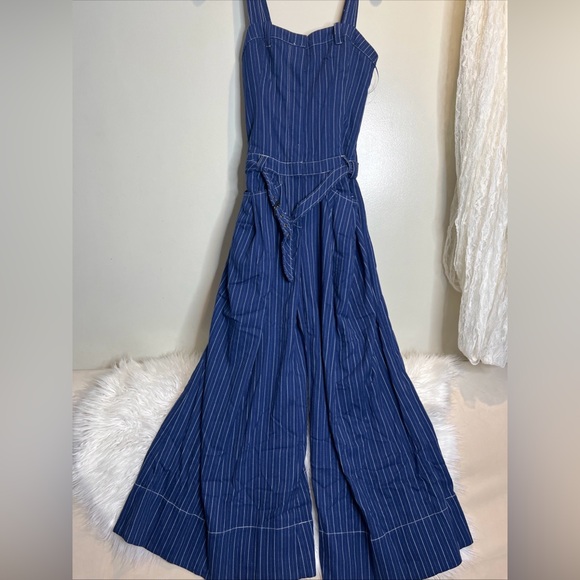 Free People Flores Pin Stripes Wide Leg Vintage Denim Jumpsuit XS